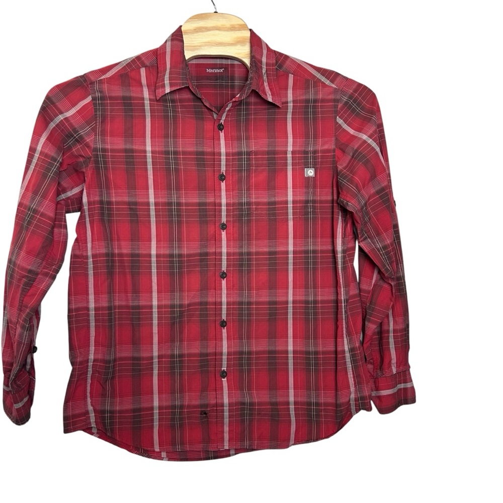 Marmot Shirt Mens L Red Plaid Nylon‎ Camp Outdoor Hiking Pocket Casual Men- READ
